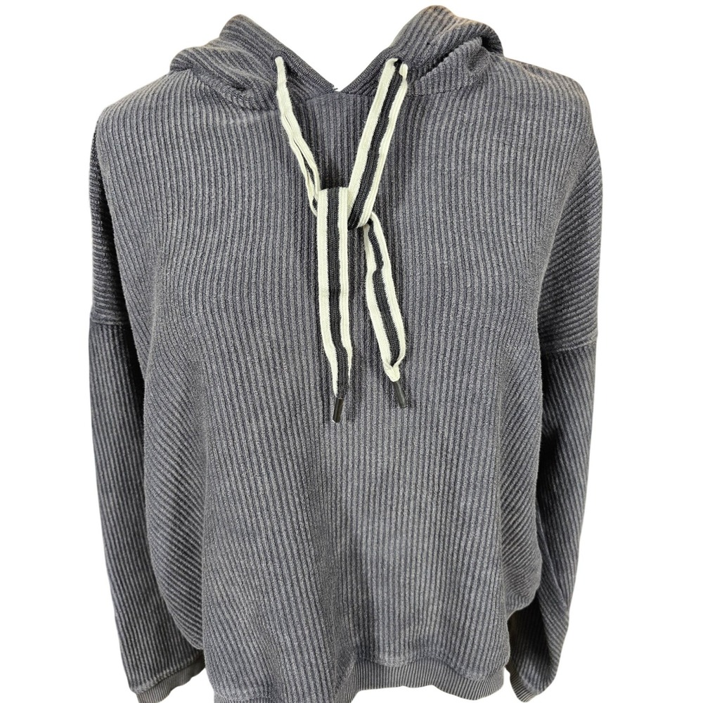 Aerie Womens Ribbed Knit Hoodie Charcoal Gray Cotton Pullover Sweater Medium